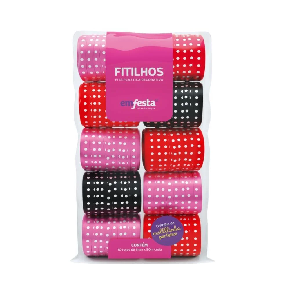 Fitilho 5Mmx50M Fita Colorida Com Poa Emfesta (Pct.c/10) - imagem 2