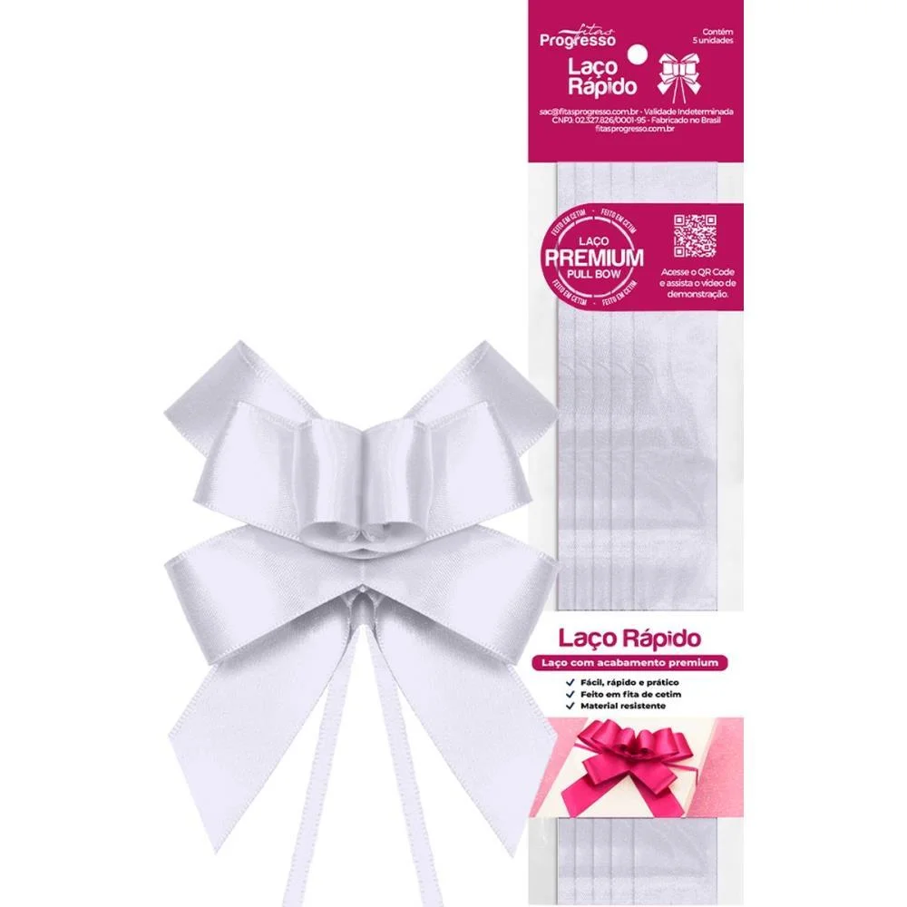 Laco Pronto Liso 22Mmx44Cm Cetim Branco Fitas Progresso (Pct.c/05) - imagem 3
