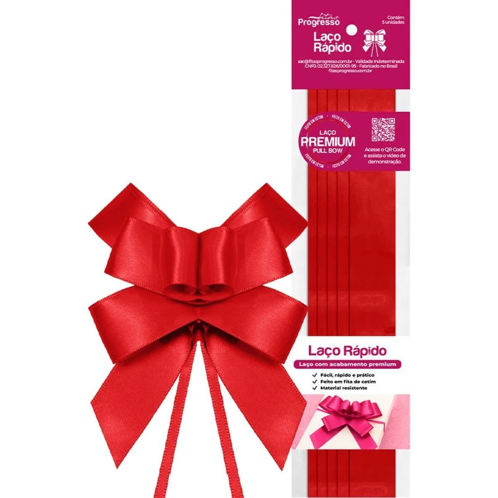 Laco Pronto Liso 22Mmx44Cm Cetim Vermelho Fitas Progresso (Pct.c/05) - imagem 2