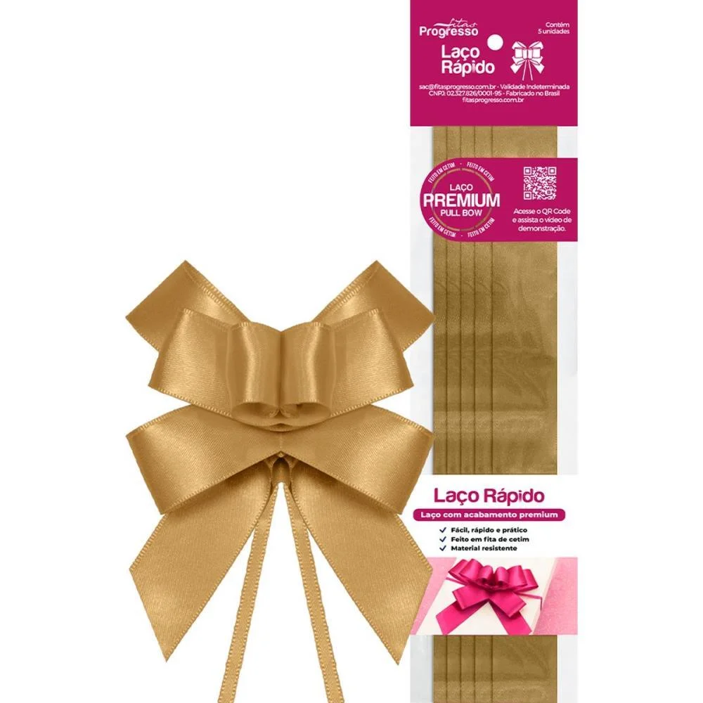 Laco Pronto Liso 22Mmx44Cm Cetim Ouro Fitas Progresso (Pct.c/05) - imagem 3