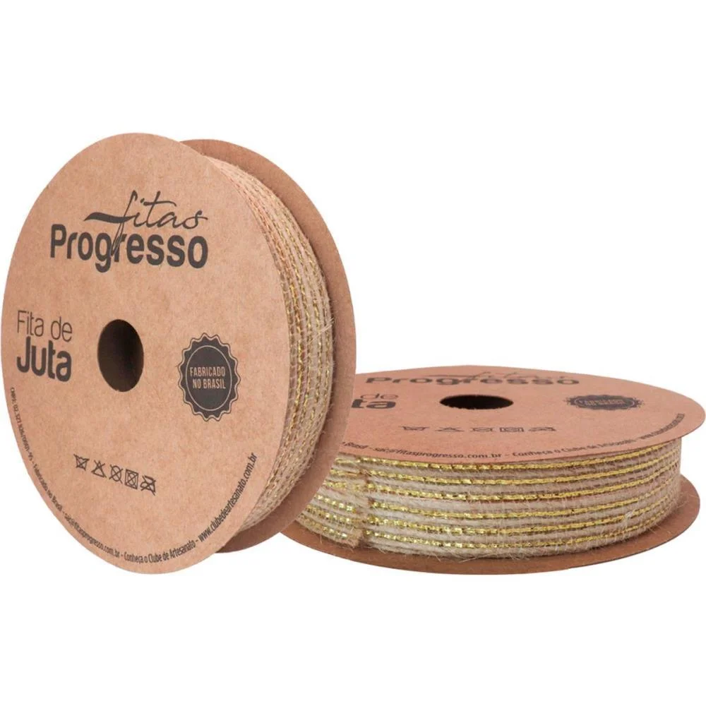 Fita Aramada De Juta 20Mmx10M. Cru C/Dourado Fitas Progresso (Rolo) - imagem 3