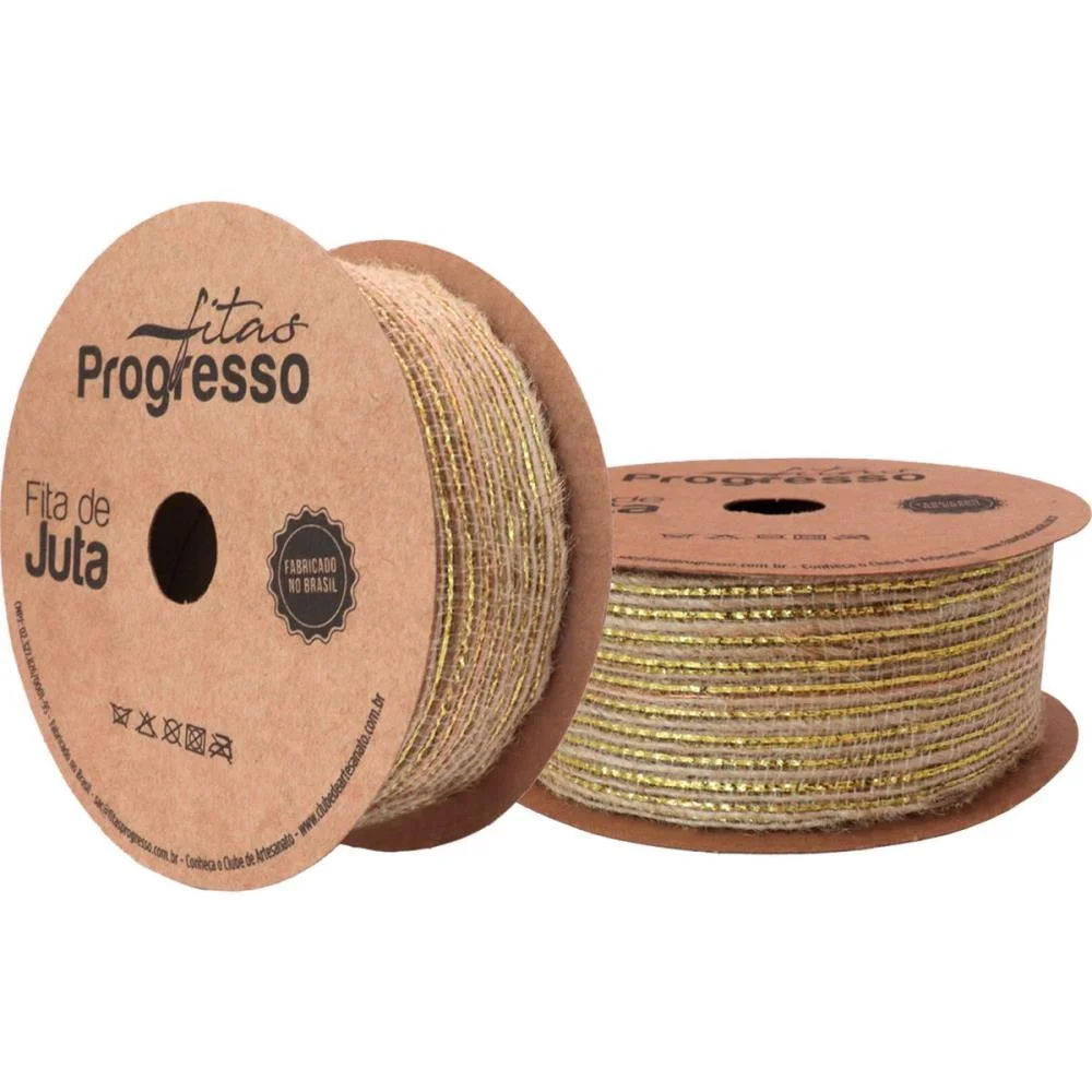 Fita Aramada De Juta 38Mmx10M. Cru C/Dourado Fitas Progresso (Rolo) - imagem 3