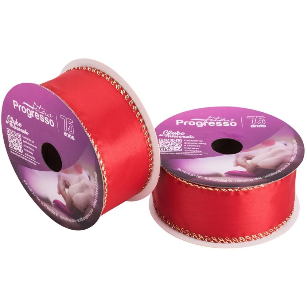 Fita Aramada Decorativa 38Mmx10M Cetim Vermelho/Dourad Fitas Progresso (Unidade) - imagem 2