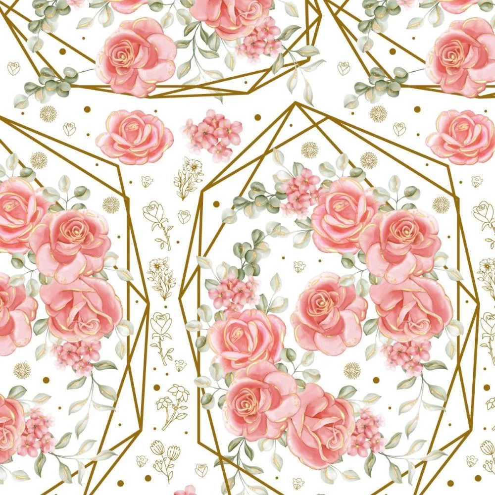 Papel Presente Bobina Couche 60Cm. Mod.206 Rosas Ouro Hexag Gessele (Bo-100Mts) - imagem 2