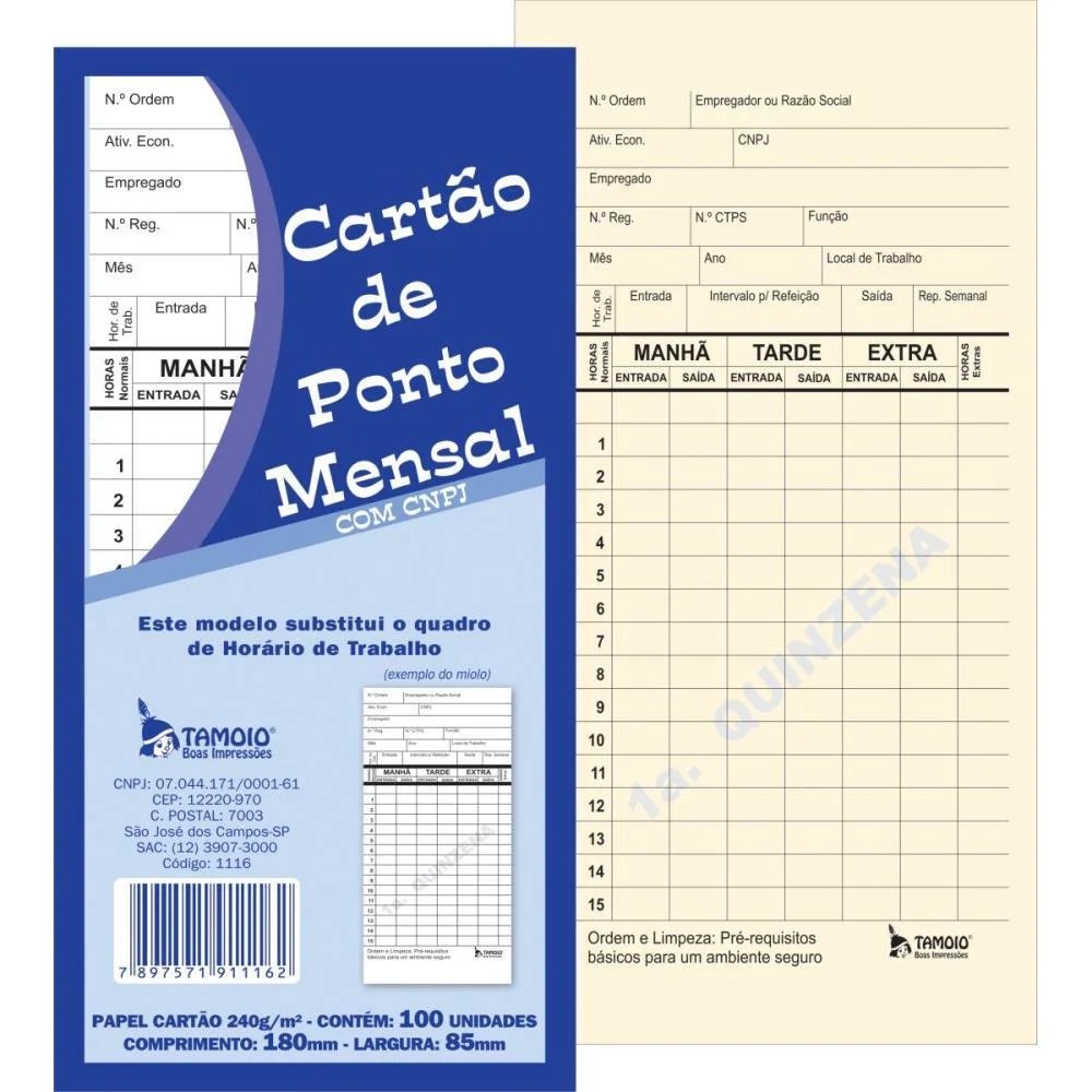 Impresso Cartao De Ponto Mensal Palha 86X180Mm Tamoio C/ 100 Unidades - imagem 2