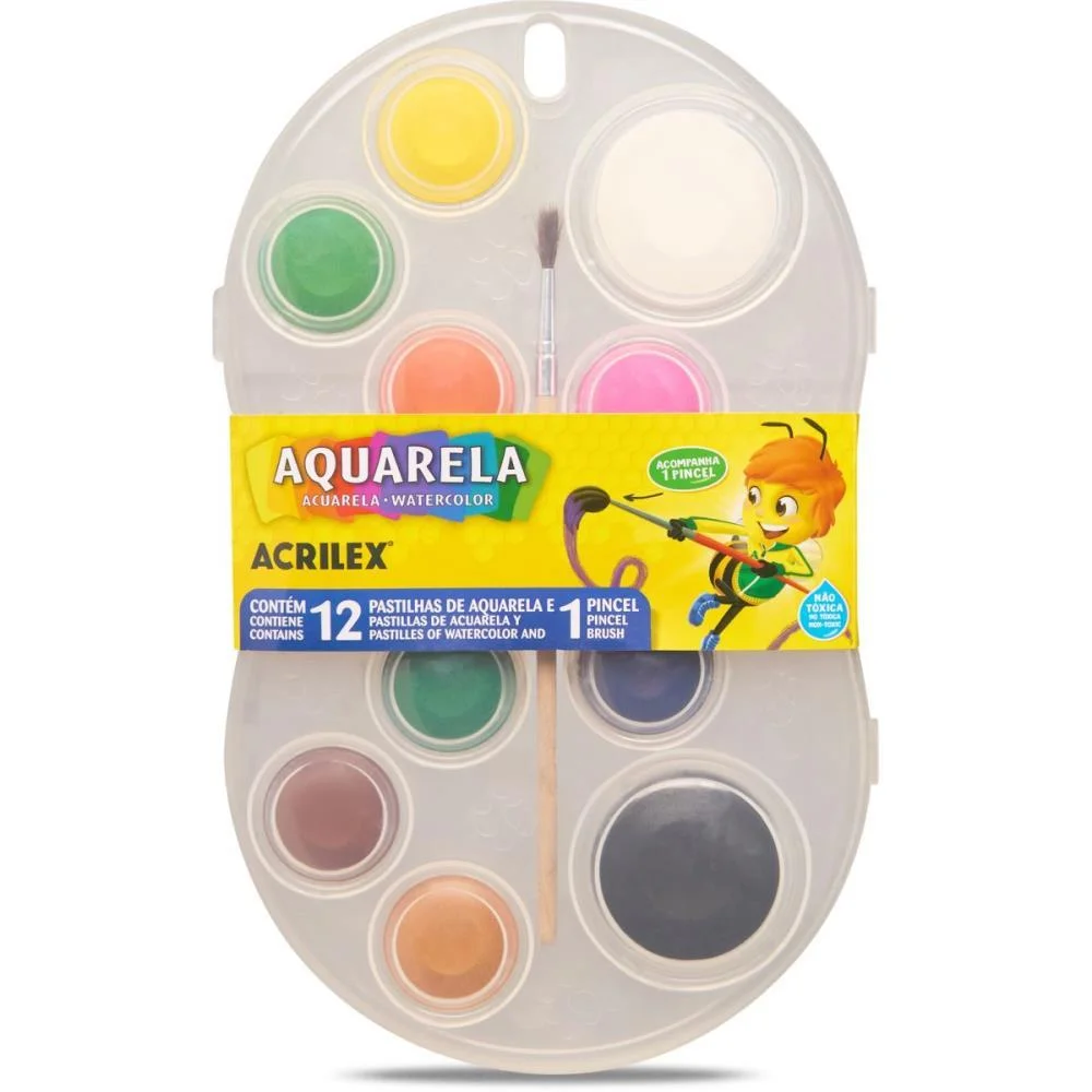 Aquarela Escolar 12 Cores + Pincel Acrilex (Estojo) - imagem 2