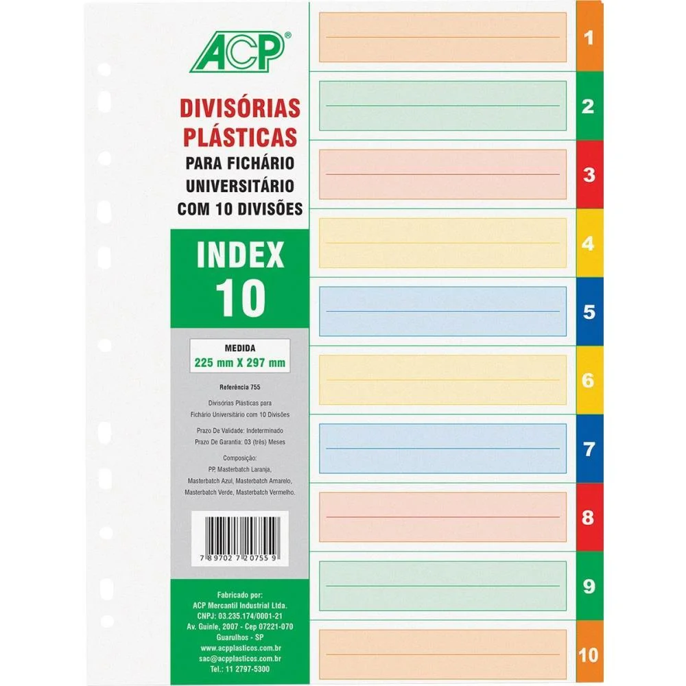 Divisoria Fichario Plastica 10 Projeçoes Color 22,4X29,5Cm Acp (Unidade) - imagem 2