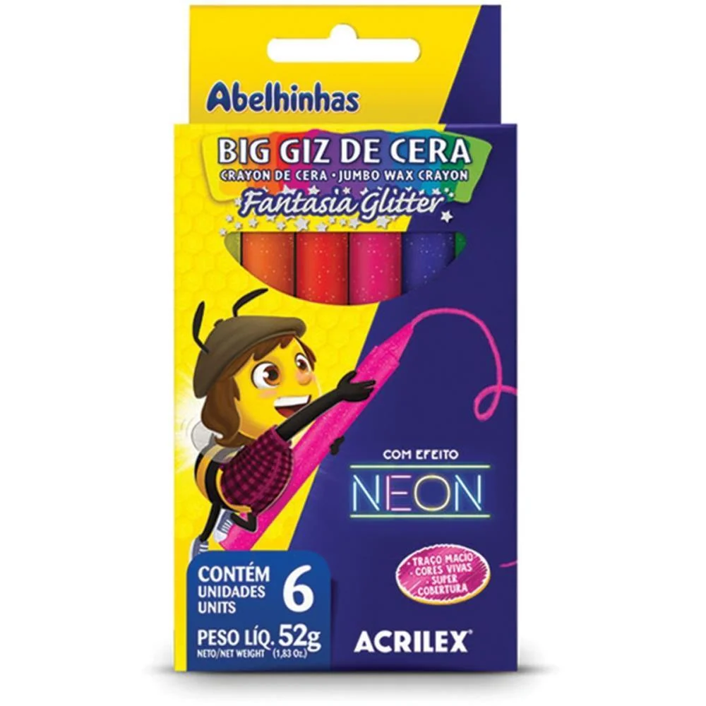 Giz De Cera Jumbo Big Giz Neon Gliter 52G 6Cores Acrilex (Pct.c/06) - imagem 3