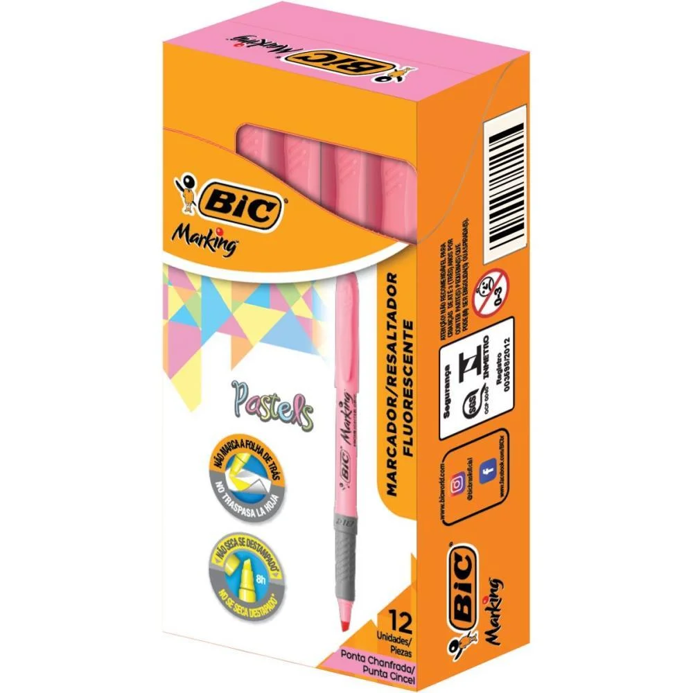 Caneta Marca Texto Marking Rosa Pastel Bic (Cx.c/12) - imagem 3
