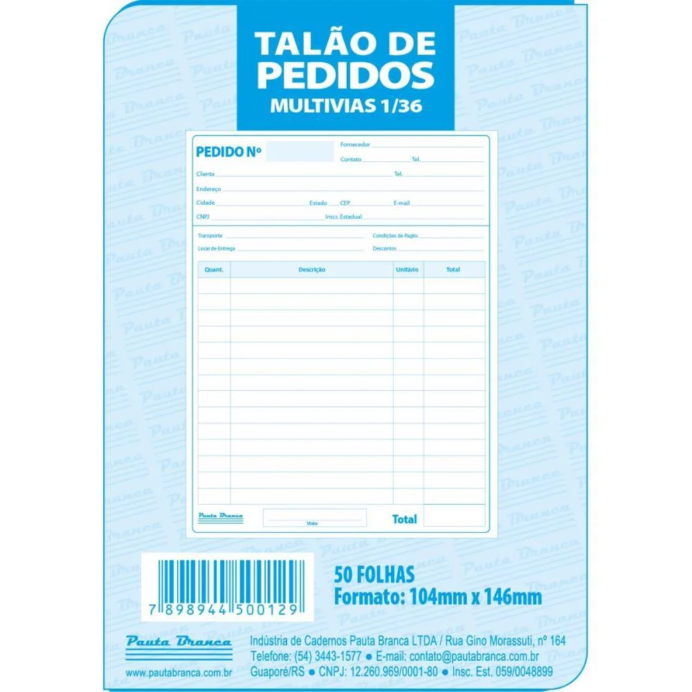 Impresso Talao De Pedido 1/36 Multivias 50Fls 104X146Mm Pauta Branca (Pct.c/20) - imagem 2