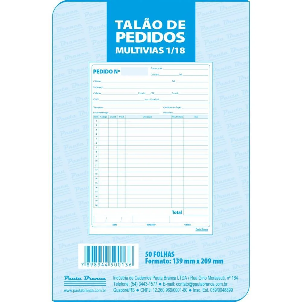 Impresso Talao De Pedido 1/18 Multivias 50Fls 139X209Mm Pauta Branca (Pct.c/20) - imagem 3