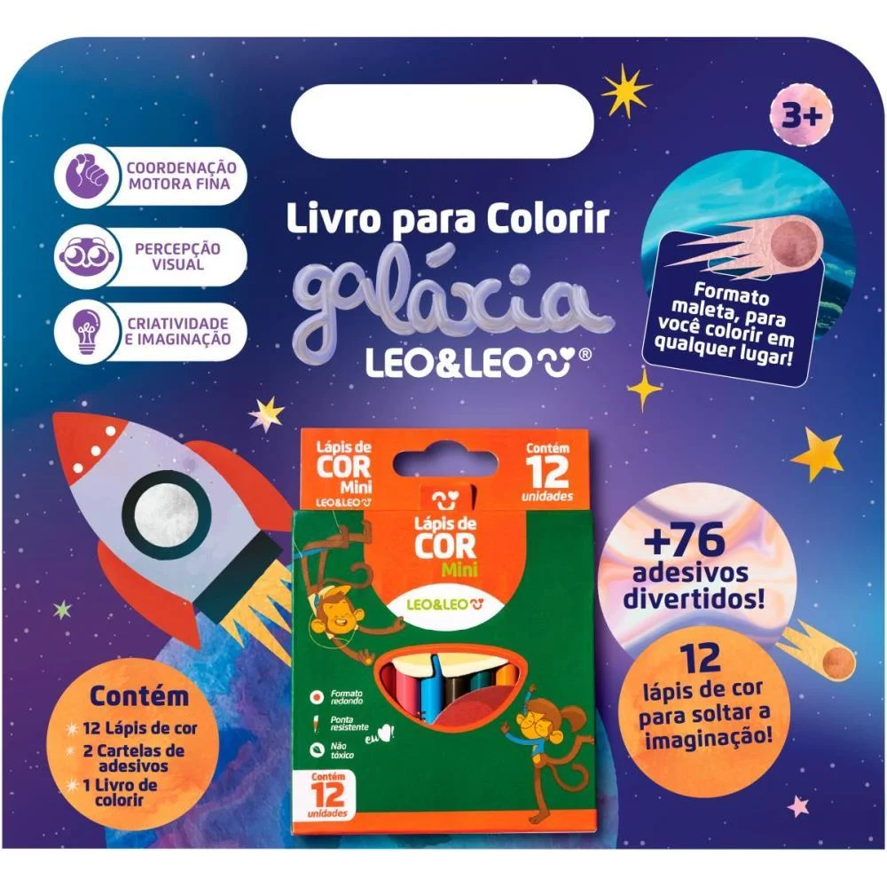 LIVRO INFANTIL COLORIR GALAXIA C/12 LAPIS+ADESIVOS LEONORA (UNIDADE) - imagem 3