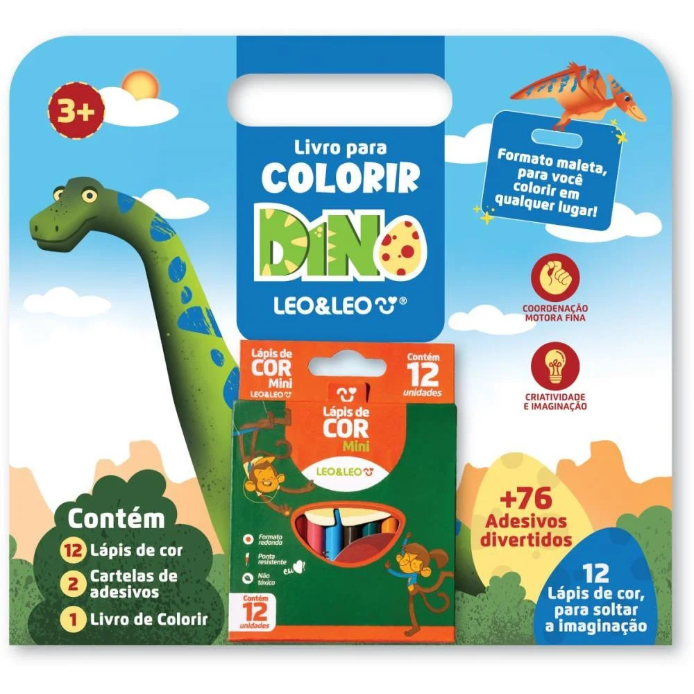 LIVRO INFANTIL COLORIR DINO 12 LAPIS+ADESIVOS LEONORA (UNIDADE) - imagem 2