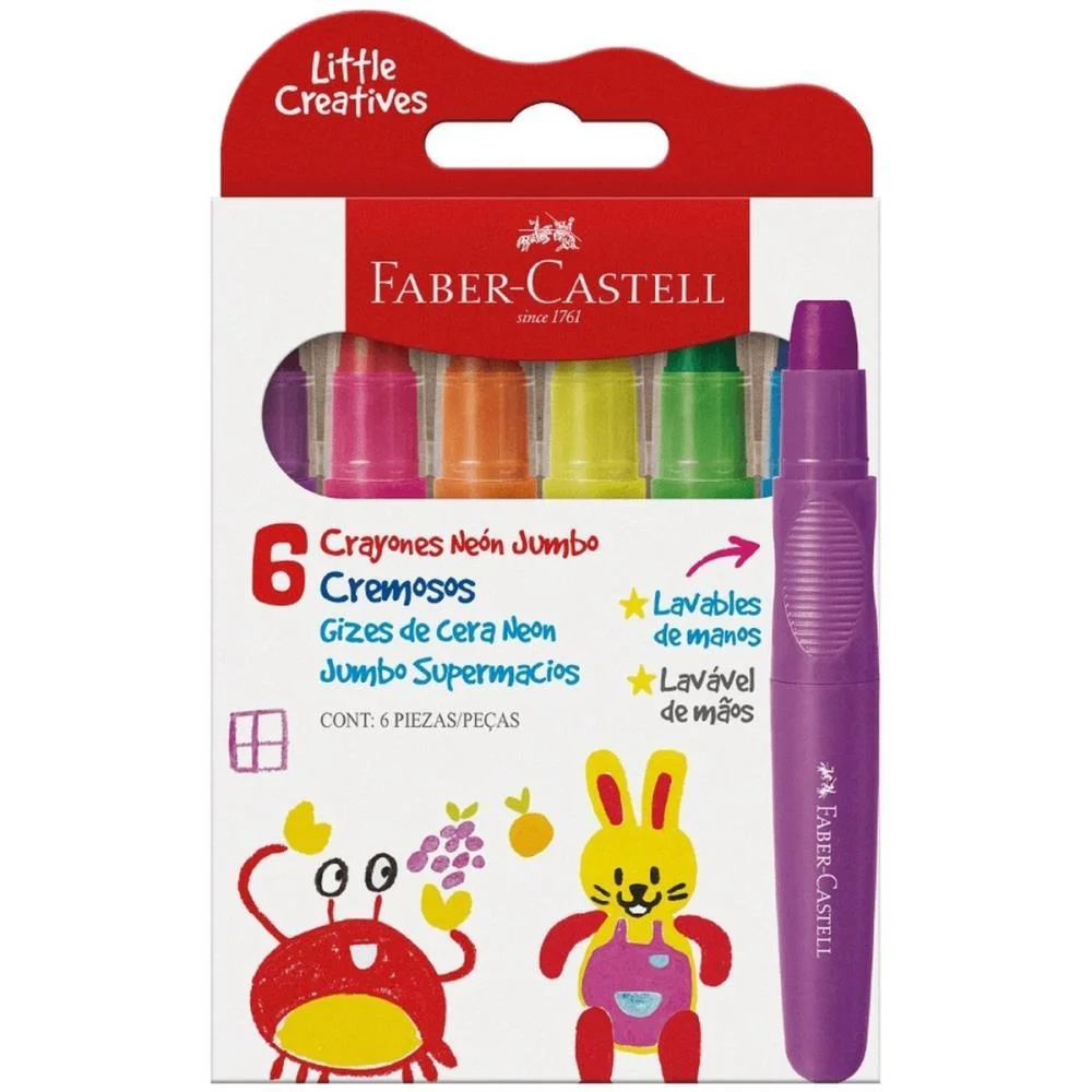 GIZ DE CERA JUMBO 6 CORES SUPERMACIO NEON L.CREA FABER-CASTELL (CX.C/12) - imagem 4