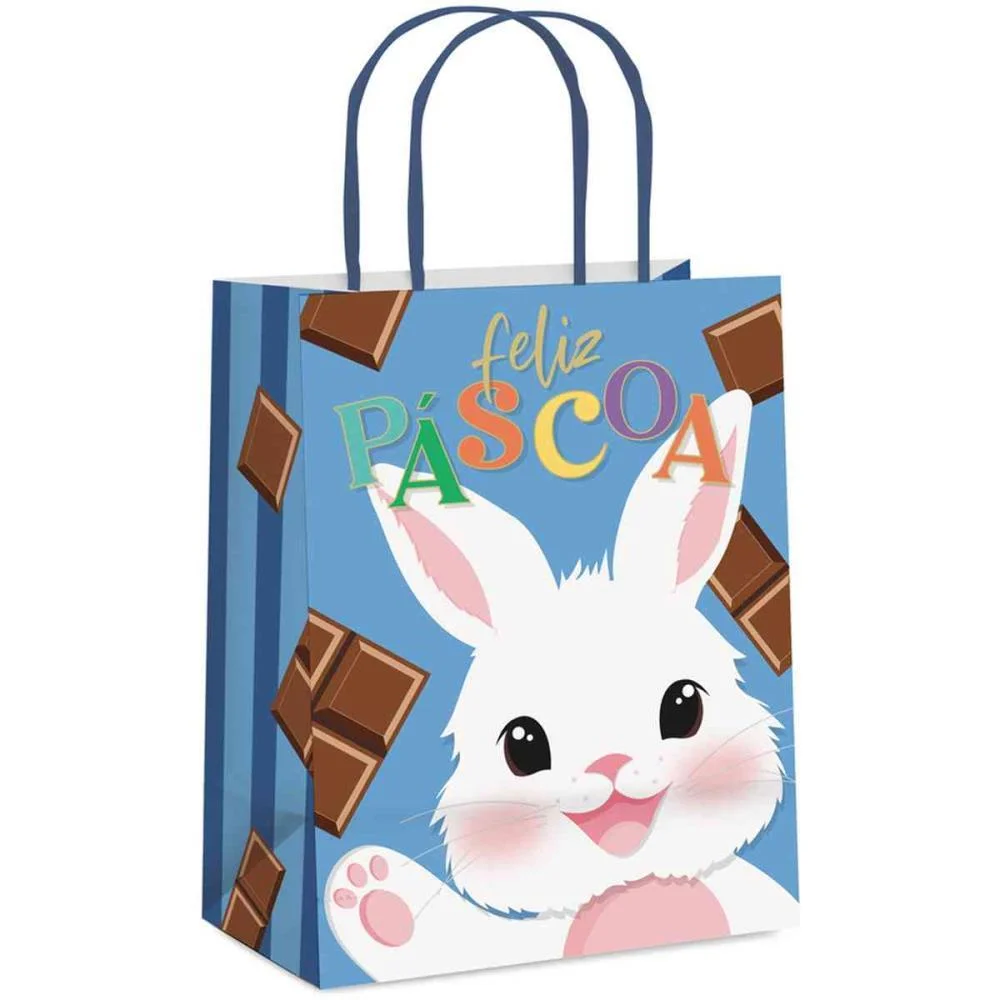 SACOLA DECORADA PASCOA FELICITA AZUL P 21,5X15X8CM CROMUS (PCT.C/10) - imagem 3