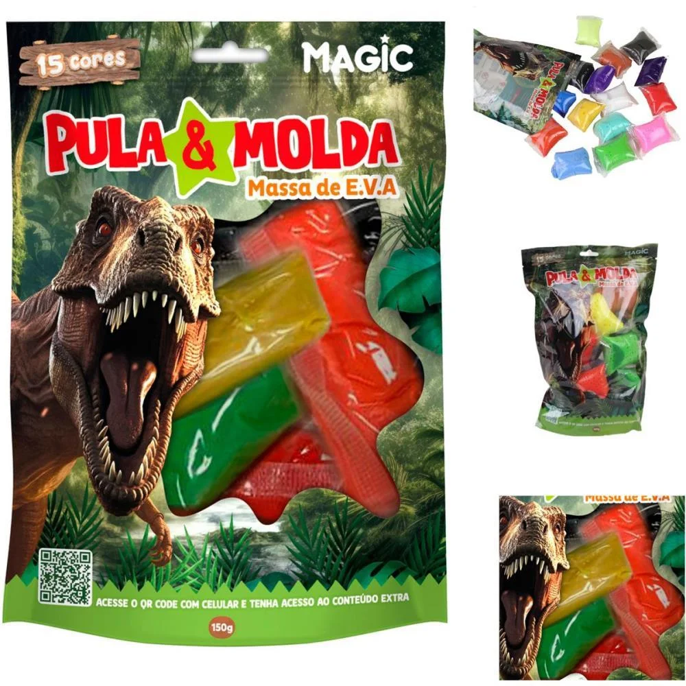 MASSA PARA MODELAR CRIATIVA PULA E MOLDA 150G DINO 15CORES MAGIC KIDS (UNIDADE) - imagem 2