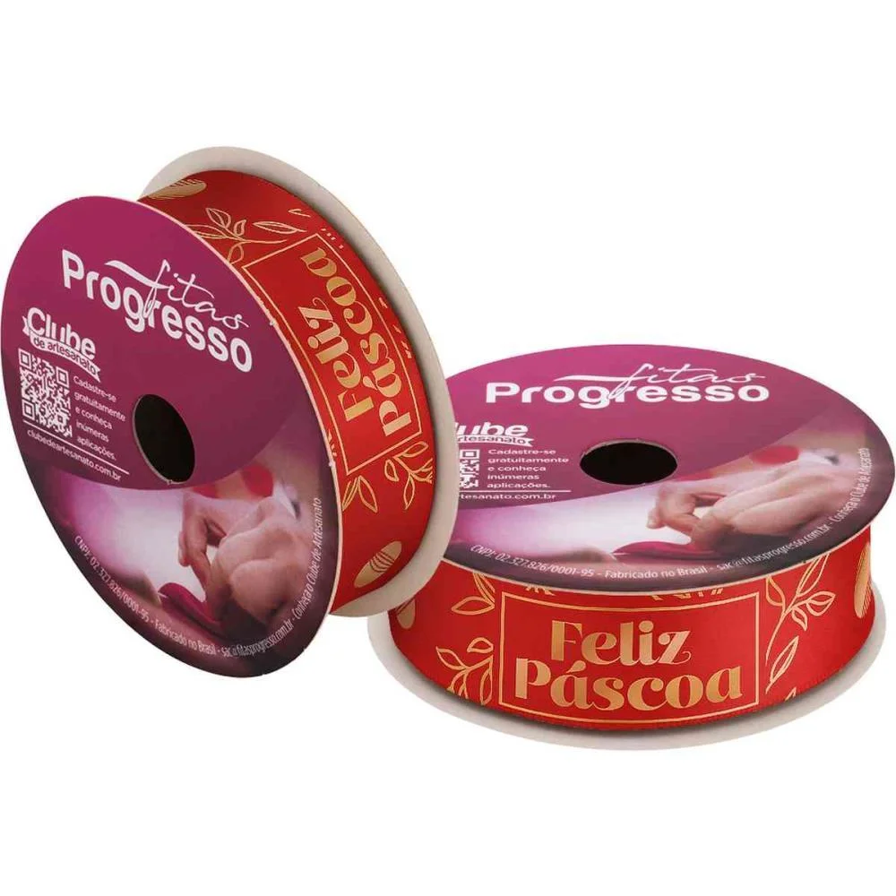 FITA DE CETIM DECORADA 22MM 10M. FELIZ PASCOA VERMELH FITAS PROGRESSO (UNIDADE) - imagem 2