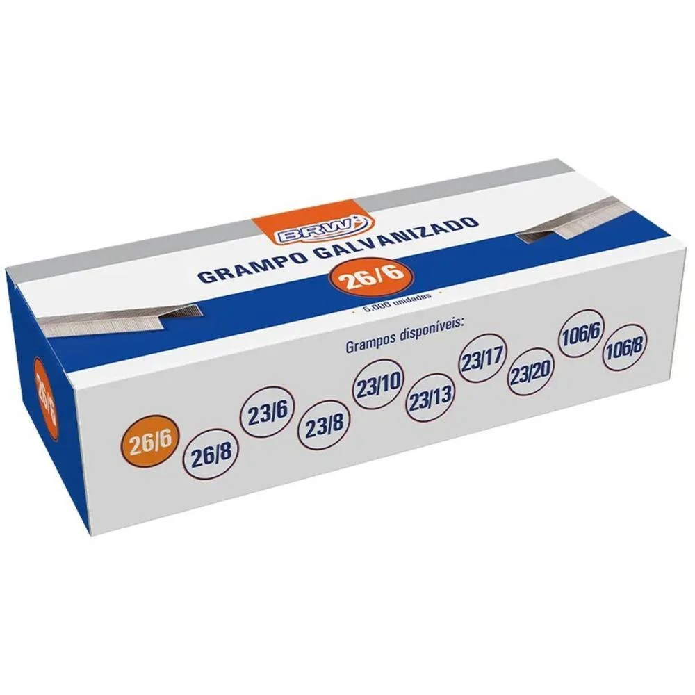 GRAMPO PARA GRAMPEADOR 26/6 GALVANIZADO 5000 GRAMPOS BRW (CAIXA) - imagem 2
