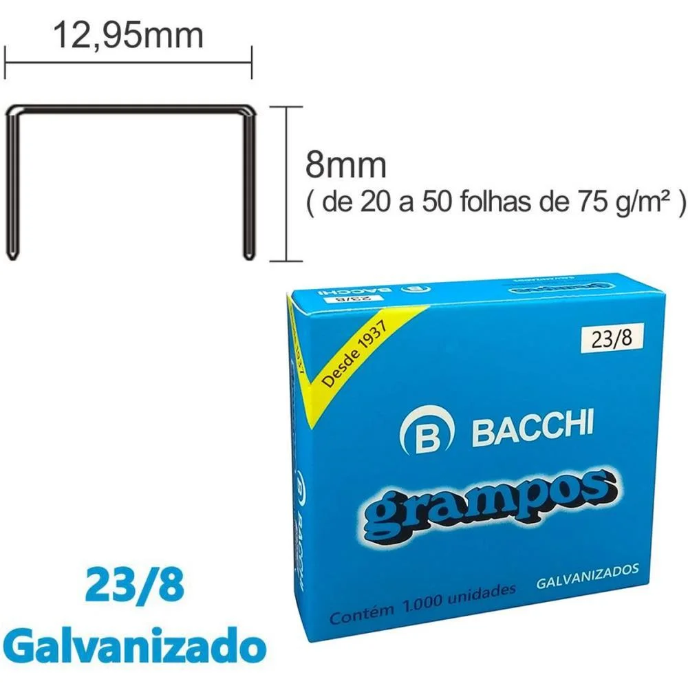GRAMPO PARA GRAMPEADOR 23/8 GALVANIZADO 1000 GRAMPOS BACCHI (CAIXA) - imagem 3