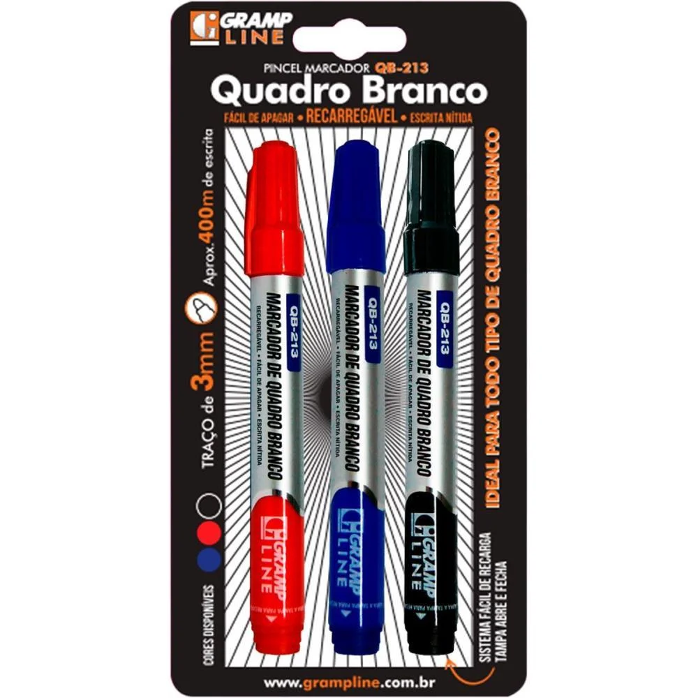 PINCEL QUADRO BRANCO QB213 RECARREGAVEL C/03 CORES GRAMP LINE (BL.C/03) - imagem 2