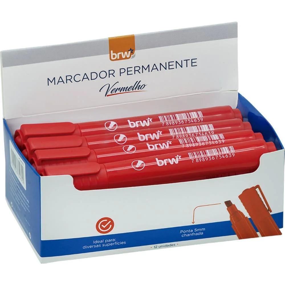 PINCEL MARCADOR PERMANENTE PONTA CHANFRADA VERMELHO BRW (CX.C/12) - imagem 3