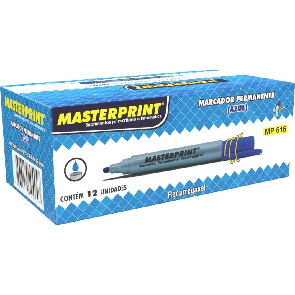 PINCEL MARCADOR PERMANENTE MP 616 AZUL RECARREGAVEL MASTERPRINT (CX.C/12) - imagem 3