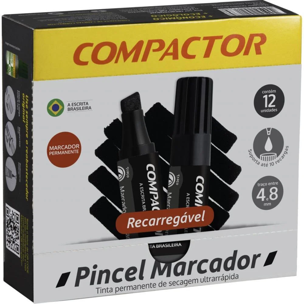 PINCEL MARCADOR PERMANENTE RECARREGAVEL 4 E 8MM PRETO COMPACTOR (CX.C/12) - imagem 5