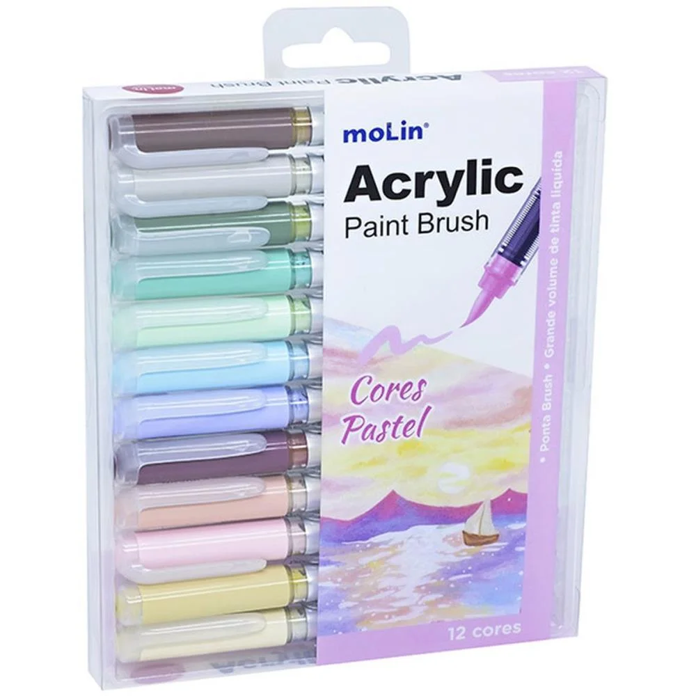 MARCADOR ARTISTICO ACRYLIC BRUSH 12 CORES PASTEL MOLIN (ESTOJO) - imagem 3