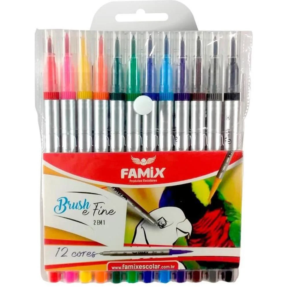 MARCADOR ARTISTICO BRUSH E FINE 12 CORES FAMIX (ESTOJO) - imagem 5