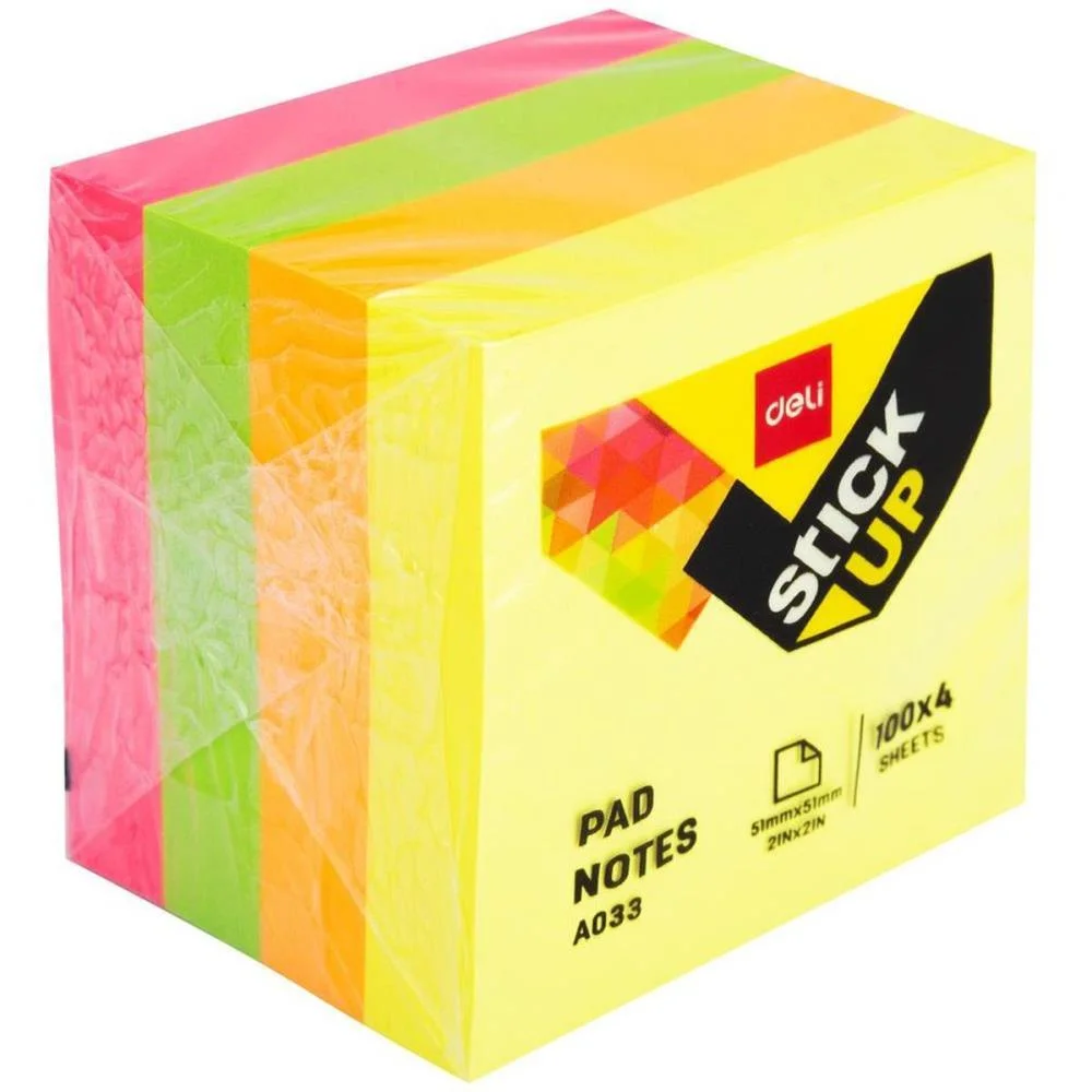 BLOCO DE RECADO AUTOADESIVO 51X51MM CUBINHO FLUORESC.4X100 DELI (UNIDADE) - imagem 3