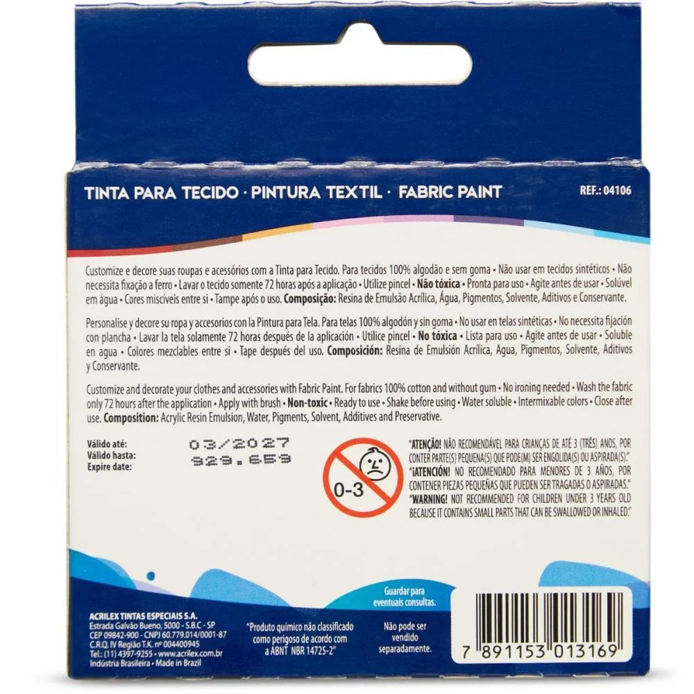 TINTA PARA TECIDO FASHION COLORS 15ML 6CORES (S) ACRILEX (CX.C/03) - imagem 7