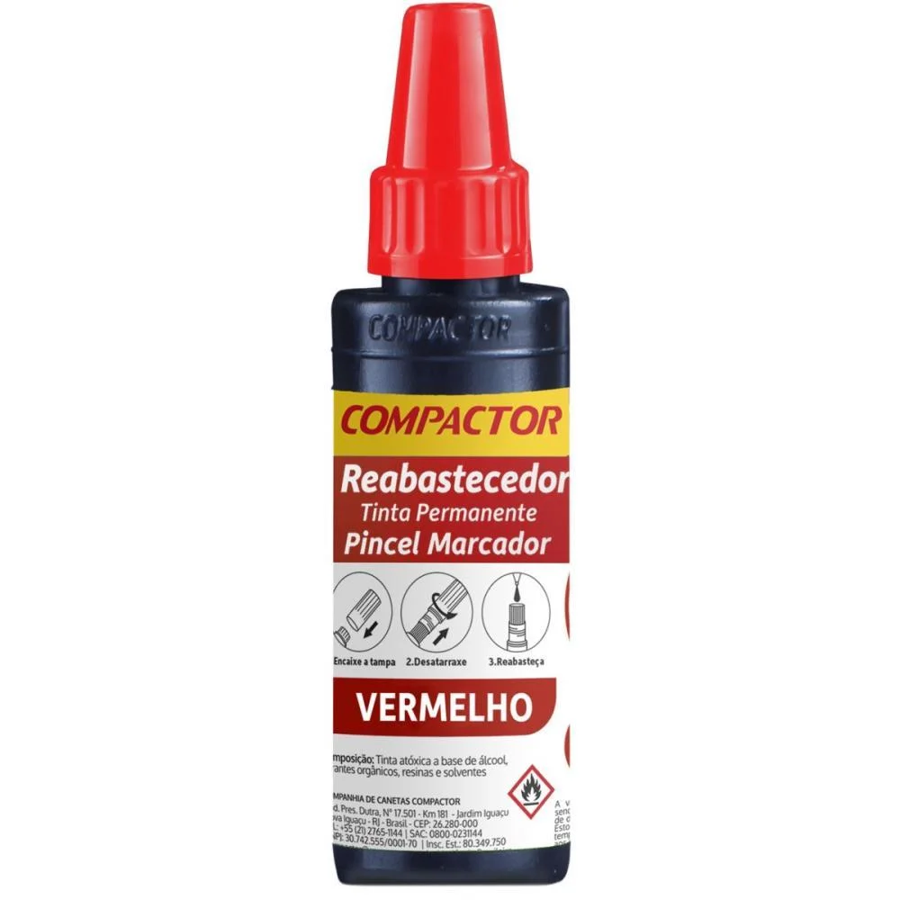TINTA MARCADOR PERMANENTE REABASTECEDOR 030ML VERMELHO COMPACTOR (CX.C/12) - imagem 3