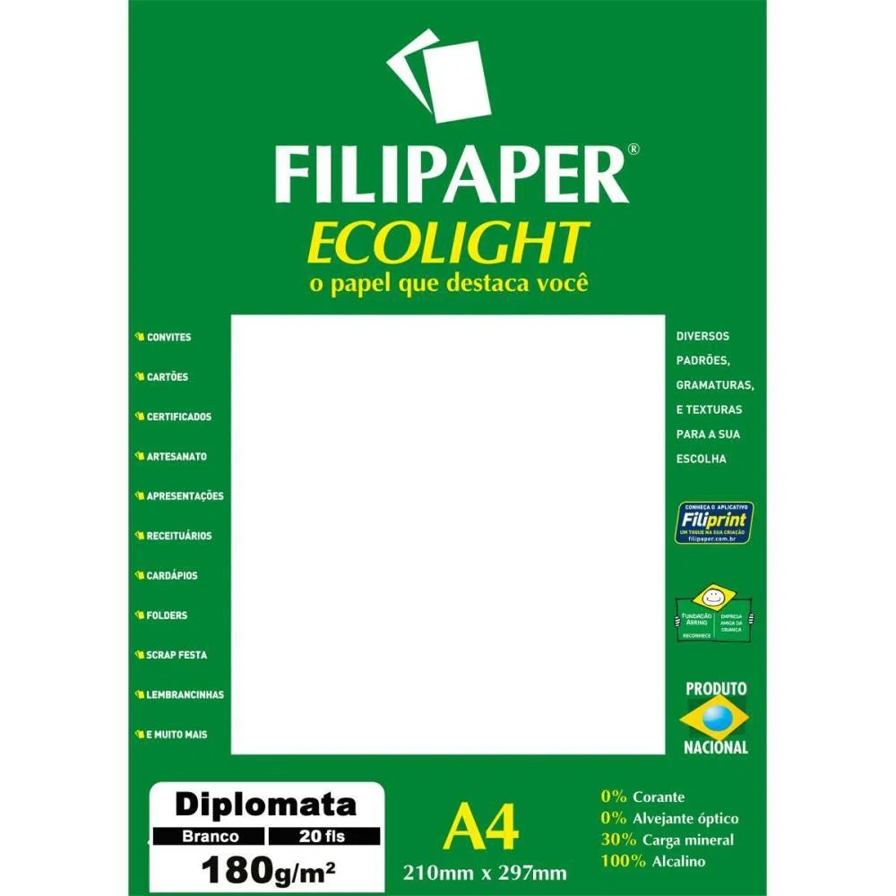 PAPEL A4 DIPLOMATA ECOLIGHT BRANCO 180G. FILIPERSON (CX.C/20) - imagem 2