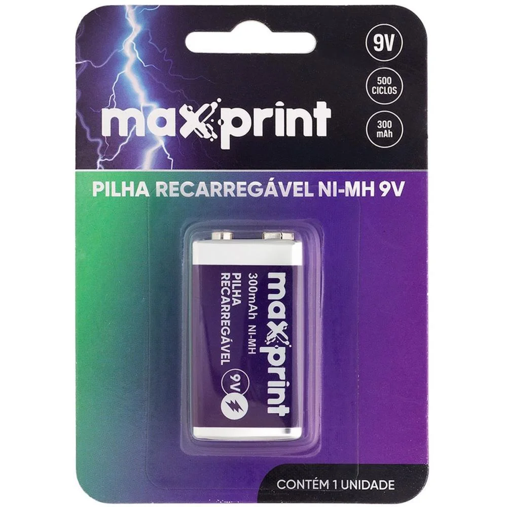 PILHA RECARREGAVEL BATERIA 9V 300MAH MAXPRINT (BLISTER) - imagem 2