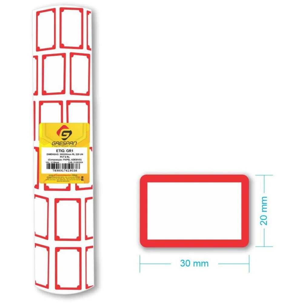 ETIQUETA PARA PREÇO GR-1 30X20MM C/225 ETIQUETAS GRESPAN (PCT.C/06) - imagem 2