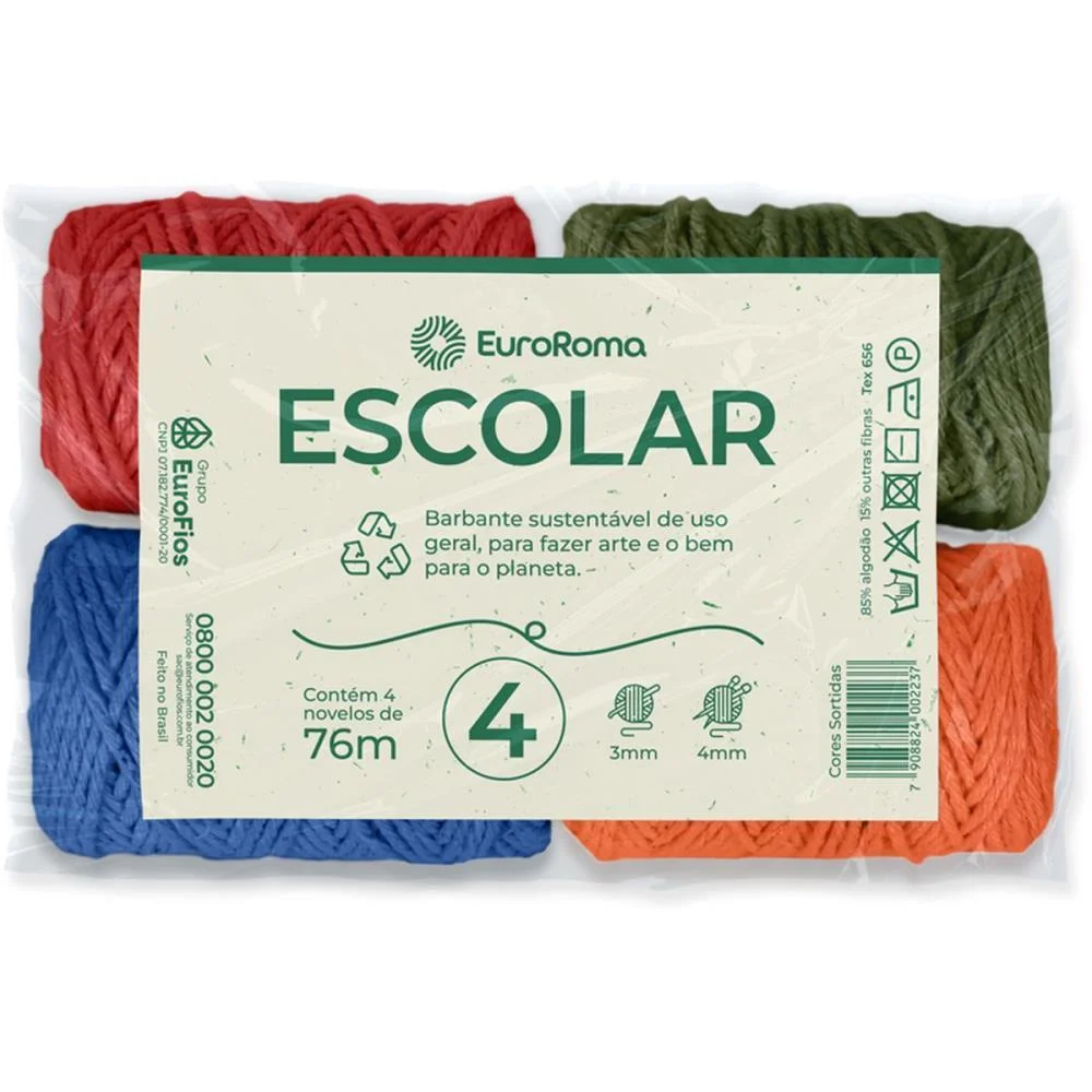 BARBANTE COLORIDO 50G ESCOLAR 4/4 76M SORTIDO EUROROMA (PCT.C/04)