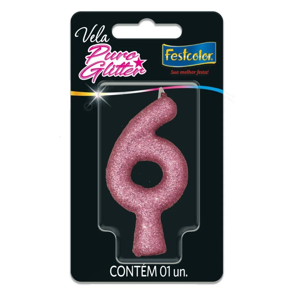 VELA PARA ANIVERSARIO N.06 ROSA PURO GLITTER FESTCOLOR (CX.C/10) - imagem 2