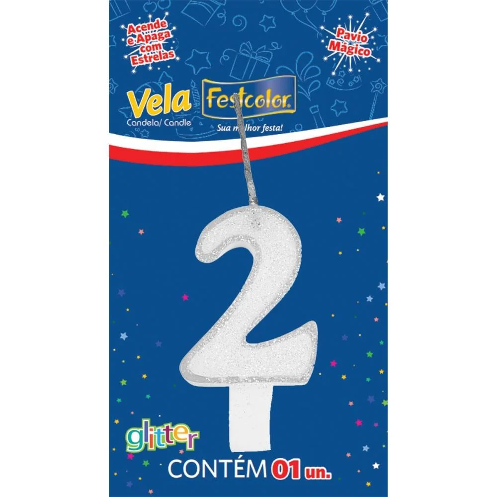VELA PARA ANIVERSARIO N.02 BRANCA GLITTER FESTCOLOR (CX.C/10) - imagem 2