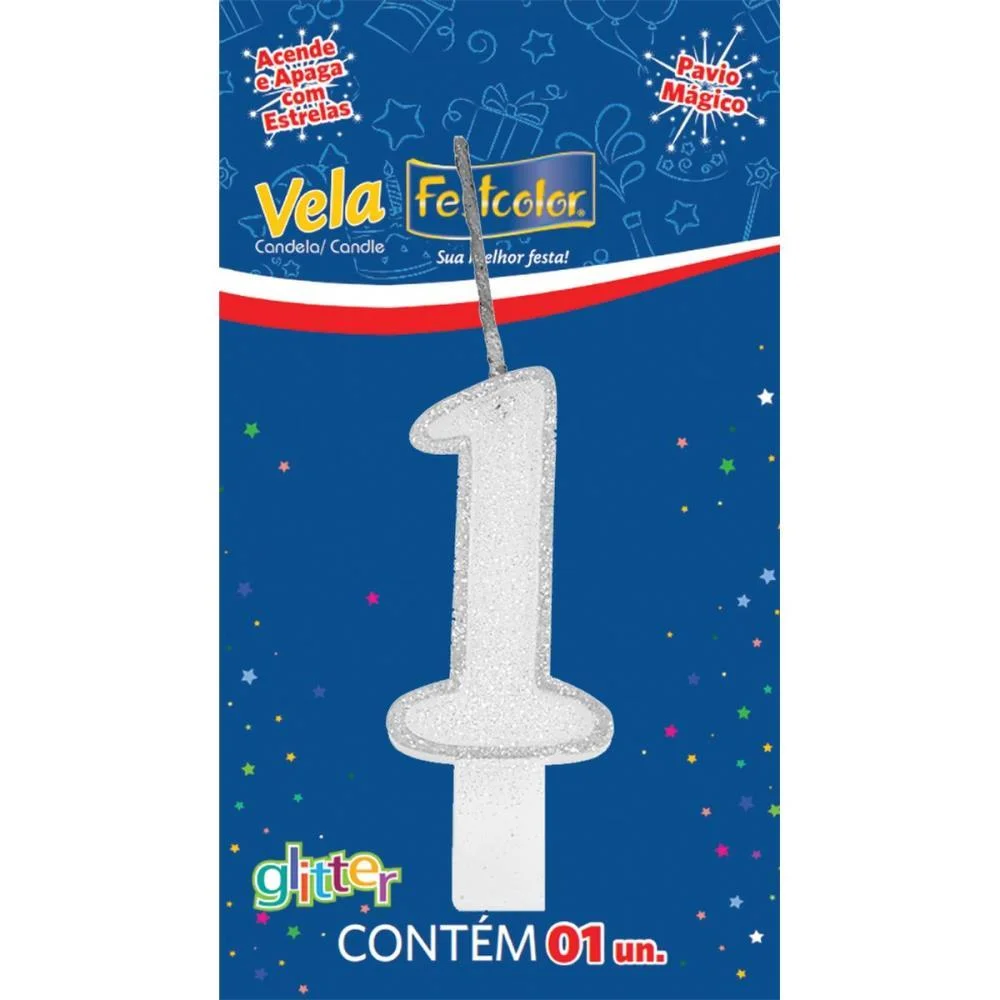 VELA PARA ANIVERSARIO N.01 BRANCA GLITTER FESTCOLOR (CX.C/10) - imagem 2