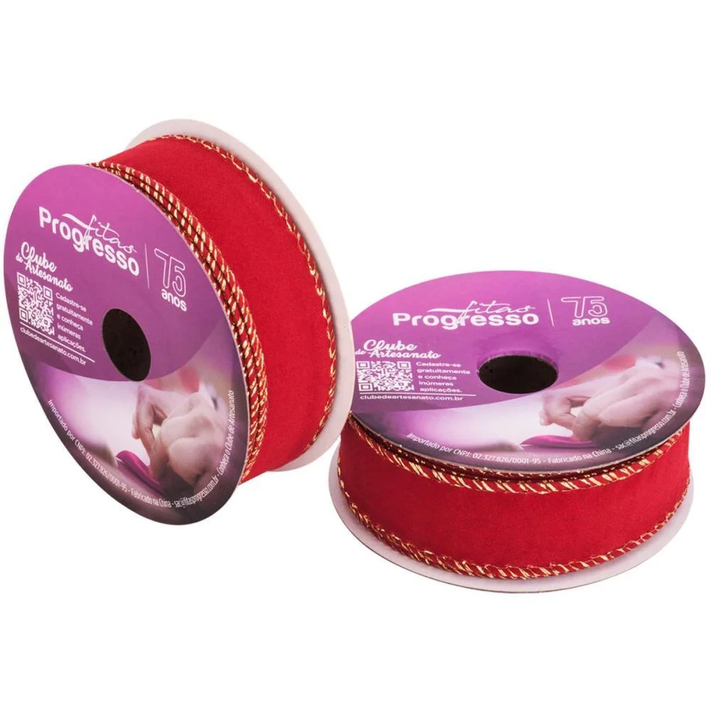 FITA ARAMADA NATAL 25MMX10M VELUDO VERMELHO/OURO FITAS PROGRESSO  - imagem 3