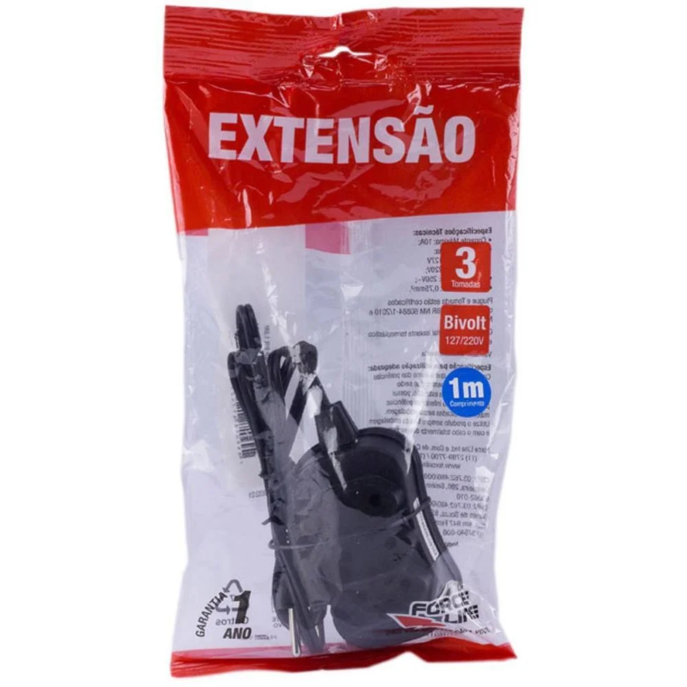 EXTENSAO ELETRICA BIPOLAR 1M 3 TOMADAS SLIM PT FORCE LINE (UNIDADE) - imagem 4