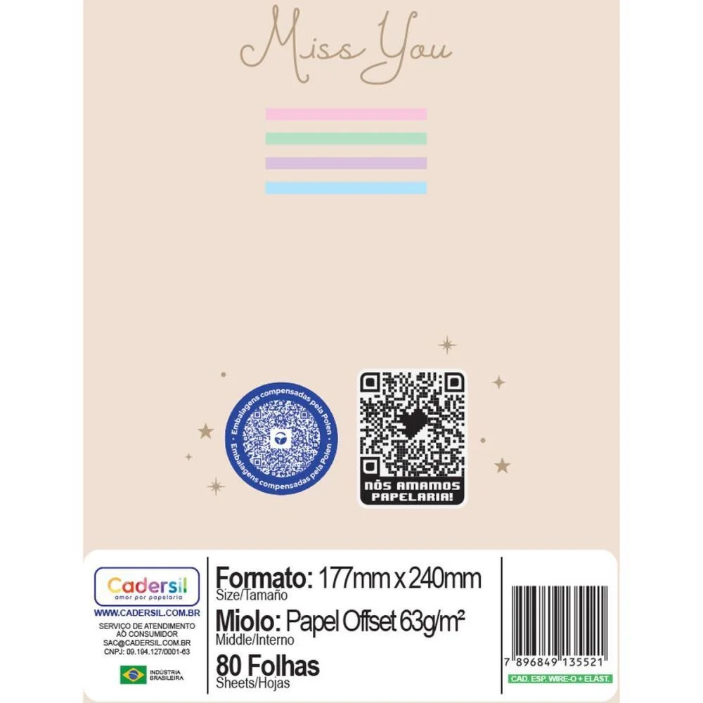 CADERNO 01X1 CP.DURA COLEGIAL MISS YOU C/ELAS E WIRE-O 80F(S CADERSIL (UNIDADE) - imagem 9