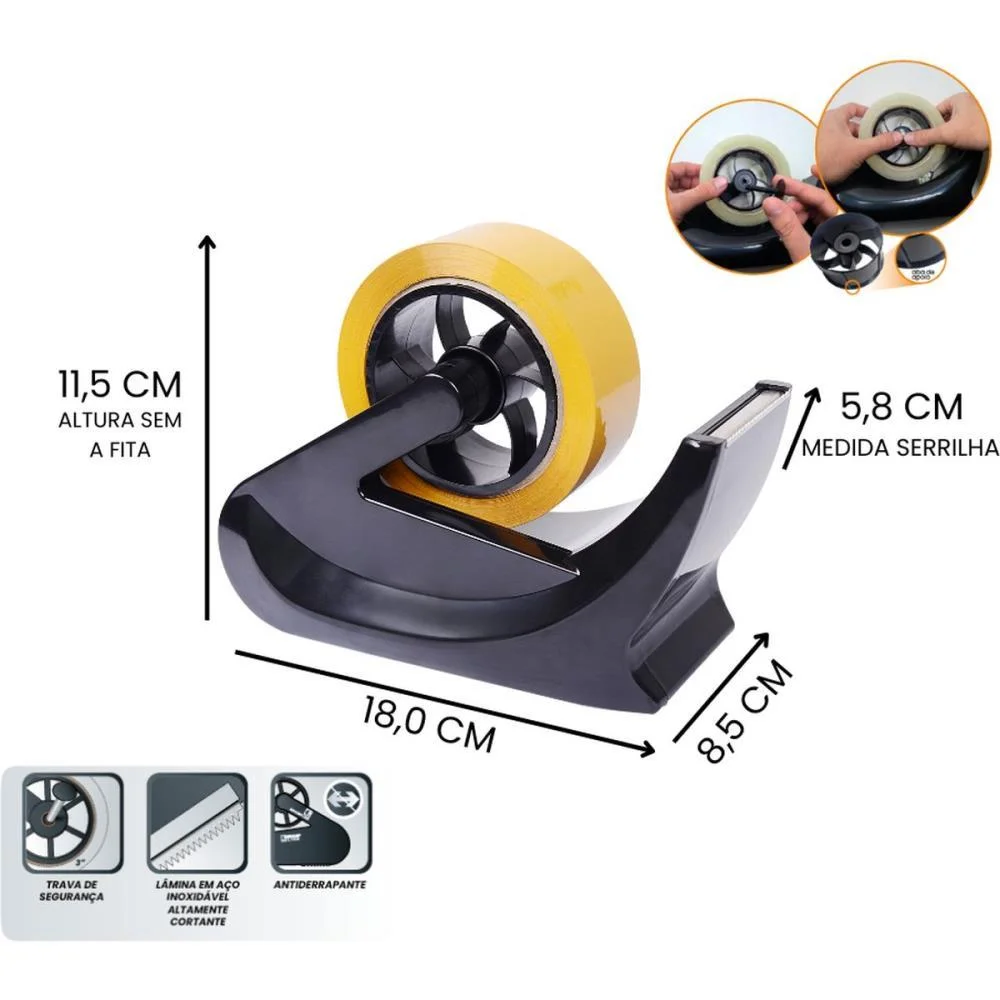 SUPORTE PARA FITA ADESIVA SF 3000 PRETO PARA FITA LARGA GRAMP LINE (UNIDADE) - imagem 3
