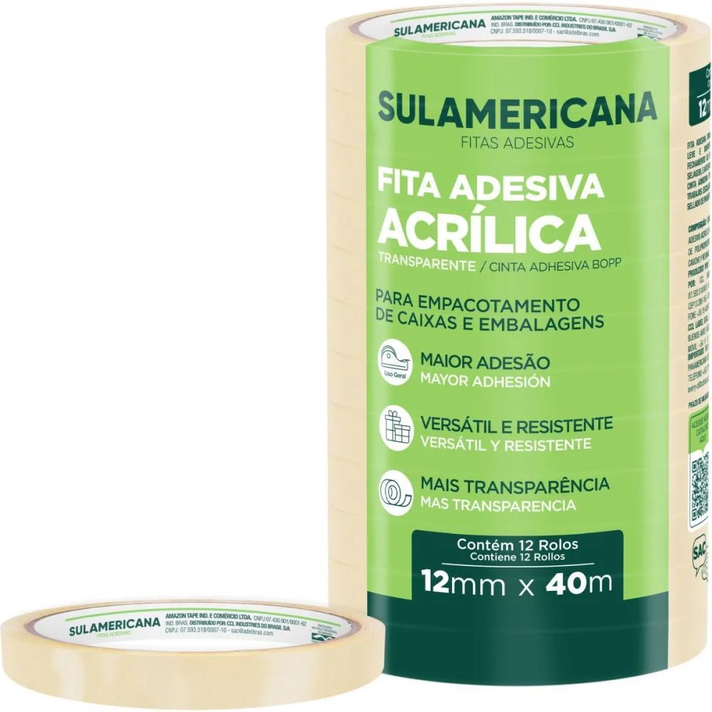 FITA ADESIVA POLIPROPILENO 12MMX40M TRANSP. SULAMERICANA (PCT.C/12) - imagem 2