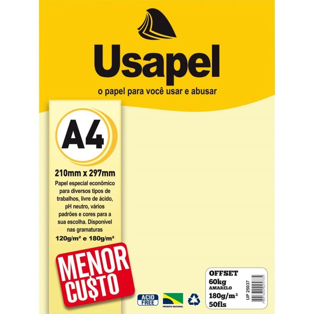 PAPEL SULFITE A4 COLORIDO OFFSET 180G 60K AMARELO 50FLS FILIPERSON (PACOTE) - imagem 2
