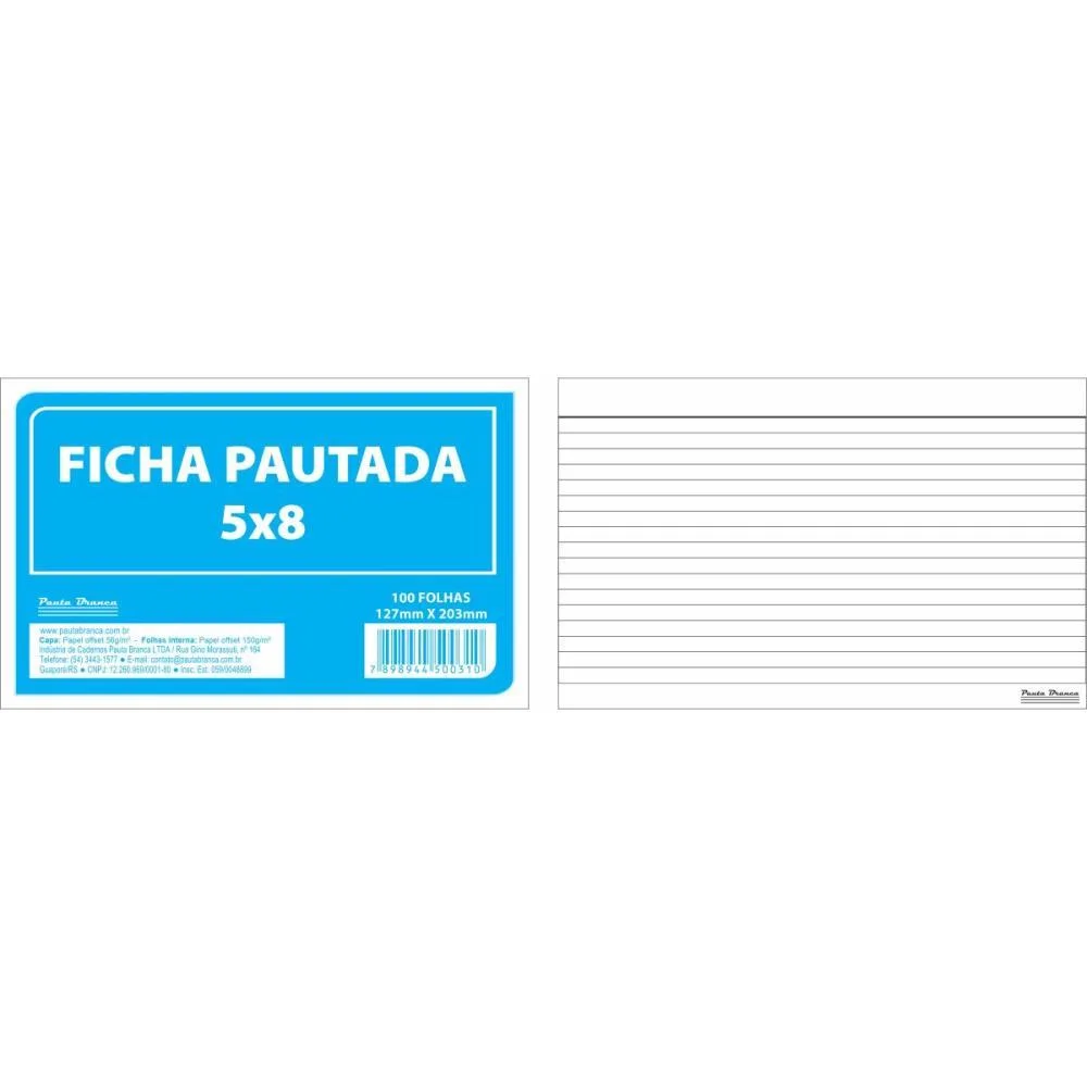 FICHA PAUTADA 5X8 20,3X12,7CM 100FLS PAUTA BRANCA (PACOTE) - imagem 2