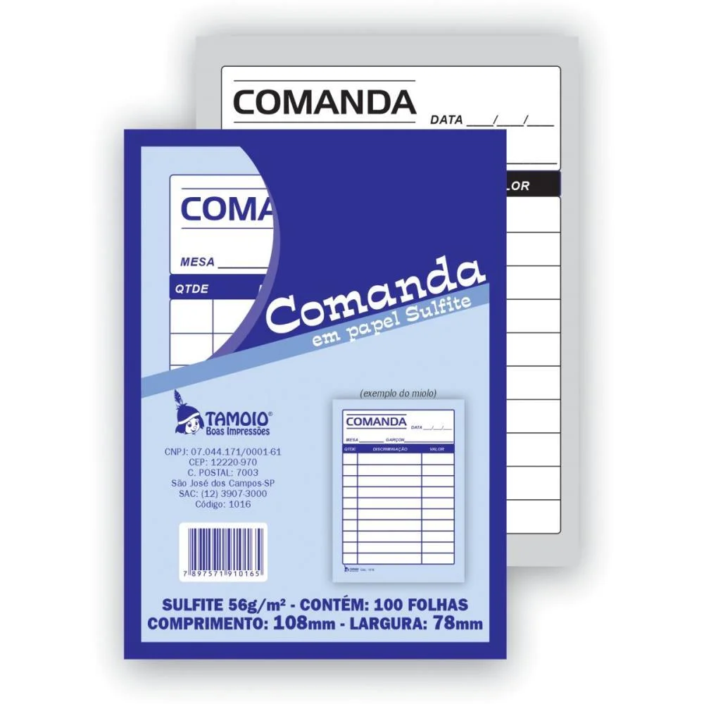 Talão Impresso COMANDA SULFITE 100F. 80X110MM TAMOIO 20 Unidades - imagem 3