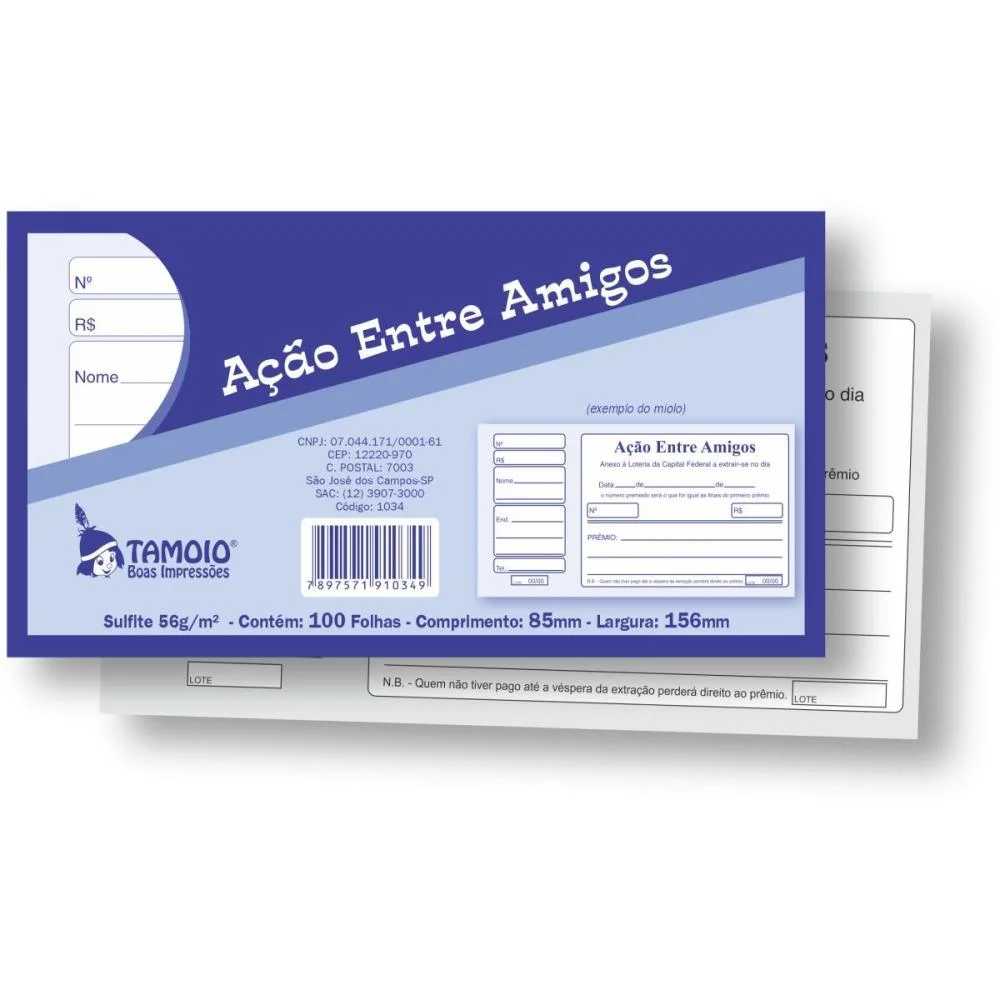 Talão Impresso ACAO ENTRE AMIGOS 100FLS. TAMOIO 20 Unidades - imagem 2