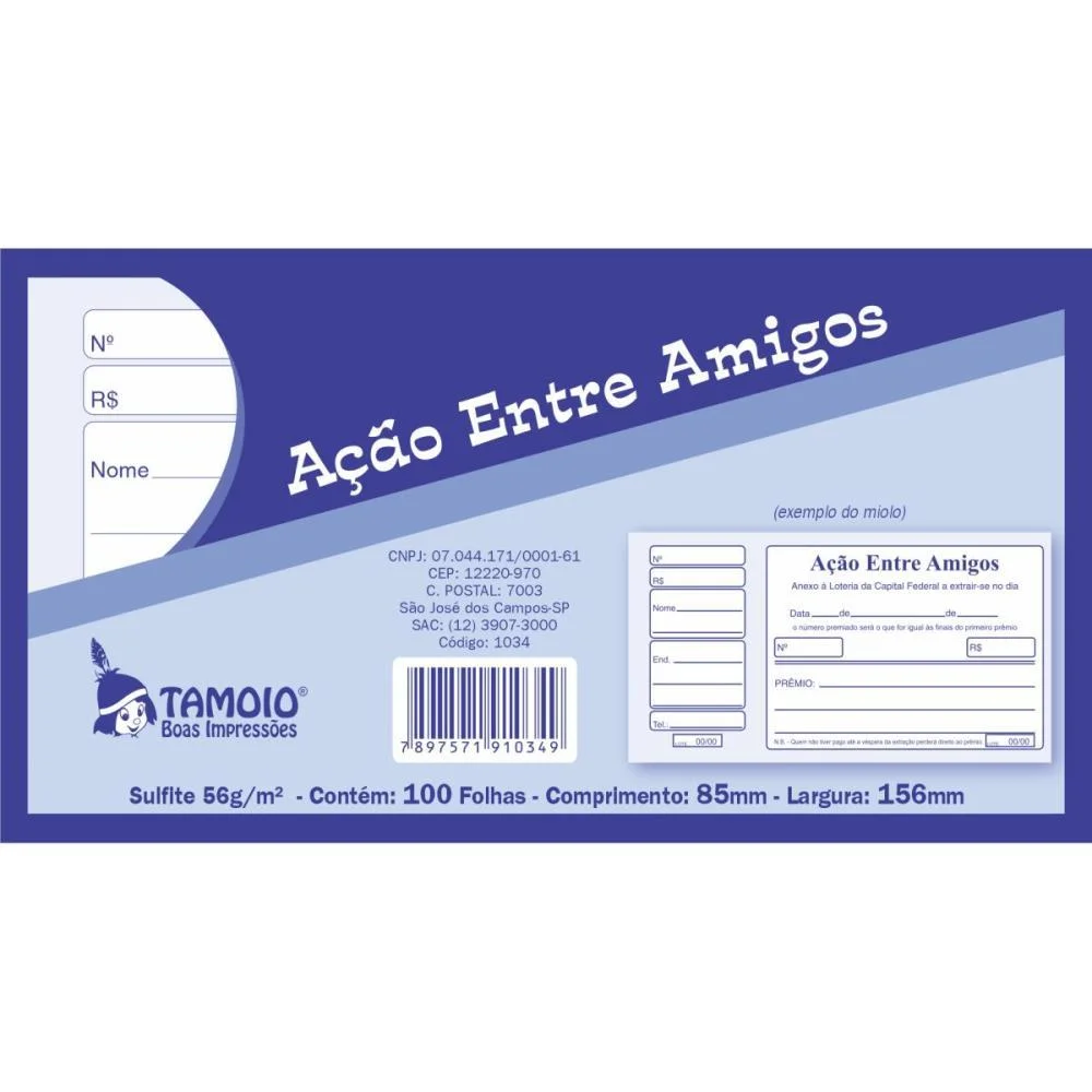 Talão Impresso ACAO ENTRE AMIGOS 100FLS. TAMOIO 20 Unidades - imagem 4