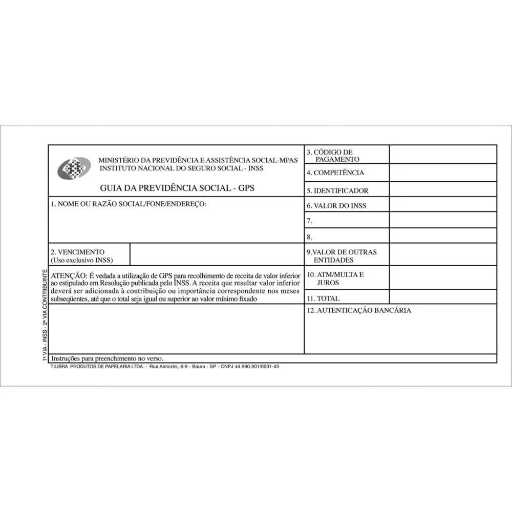 IMPRESSO PREVIDENCIA SOCIAL CARNE GPS 12X2 VIAS 204X104MM TILIBRA (PCT.C/20) - imagem 3
